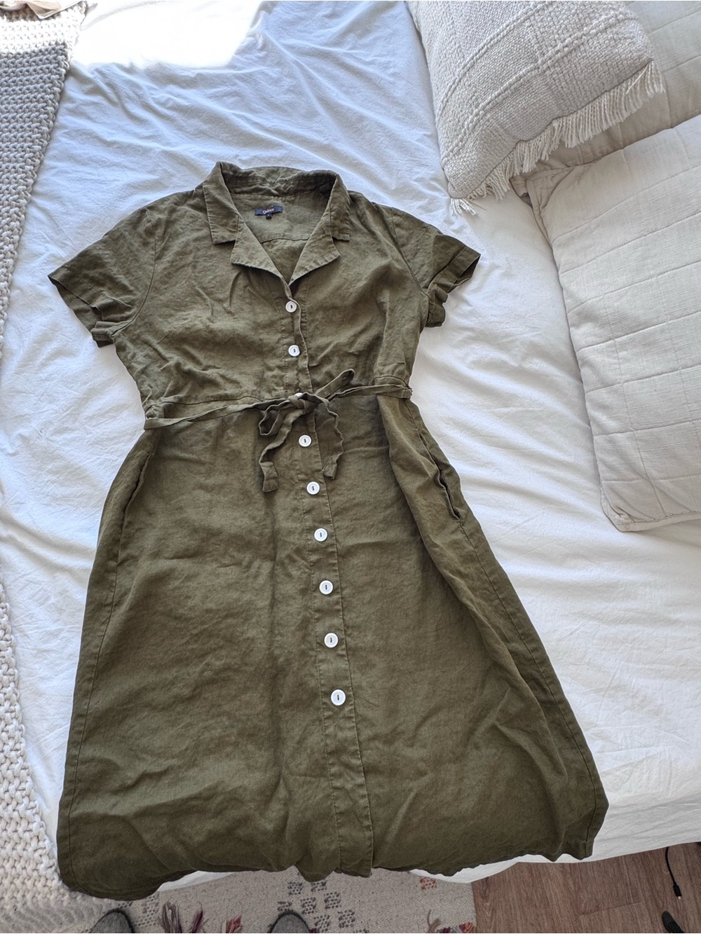 Quince Olive Green Button-Front Linen Shirt Dress with Tie Waist